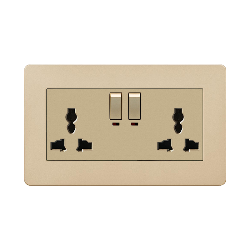 Plastic Switch ABK-Doule Universal 3 Pin Socket With Switch With Indicator Light-GOLD